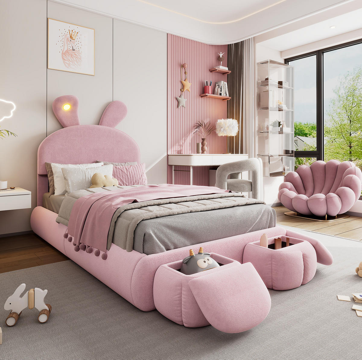 POLSTERBETT 90/200 cm aus Samt mit LED-Hasenohren und 2 Aufbewahrungshockern Rosa - Rosa, Textil (90/200cm) - Modenvie