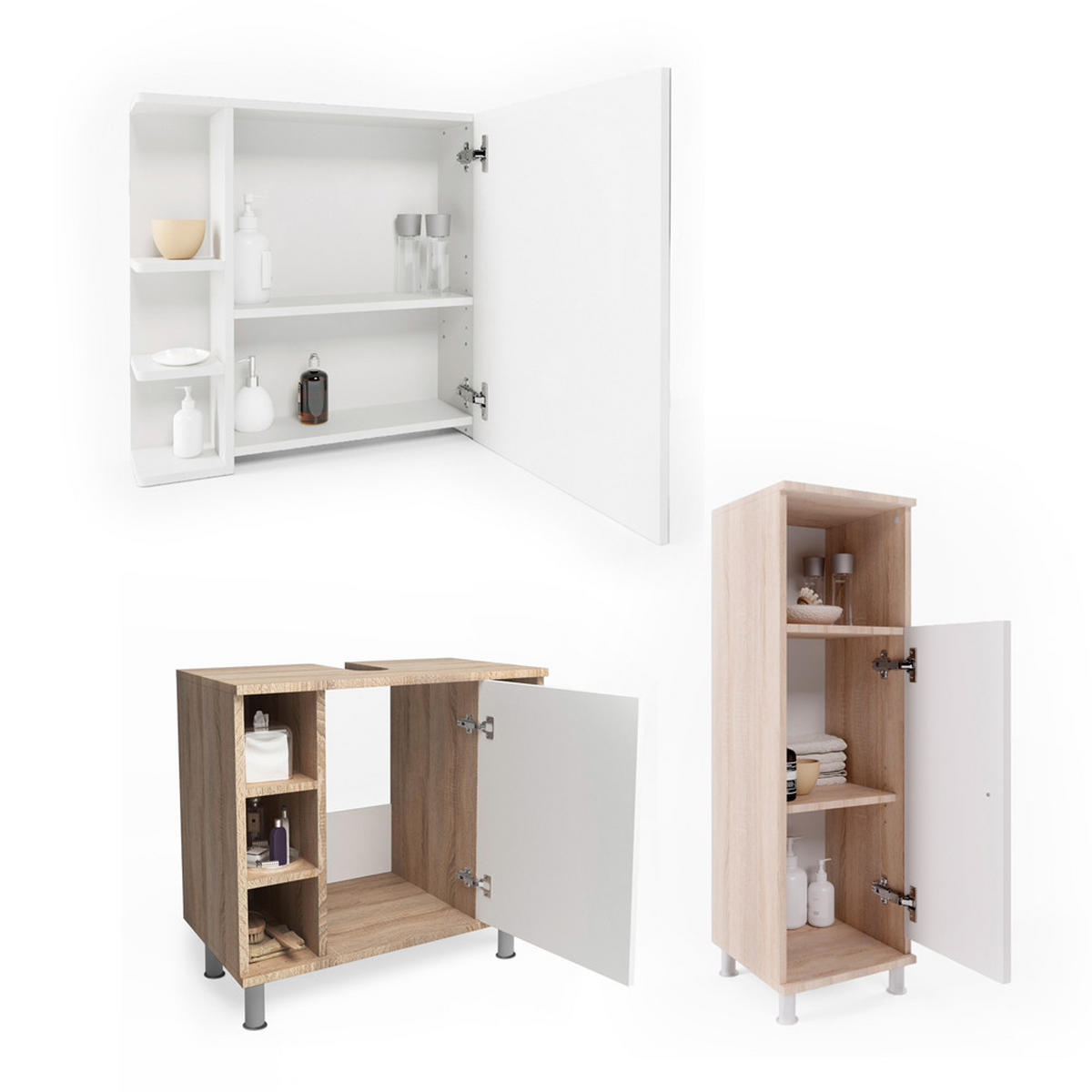 BADMÖBEL-SET Fynn Sonoma 3 Teile, mit Midischrank - Weiß/Sonoma Eiche, Holzwerkstoff (60/54/32cm) - Vicco