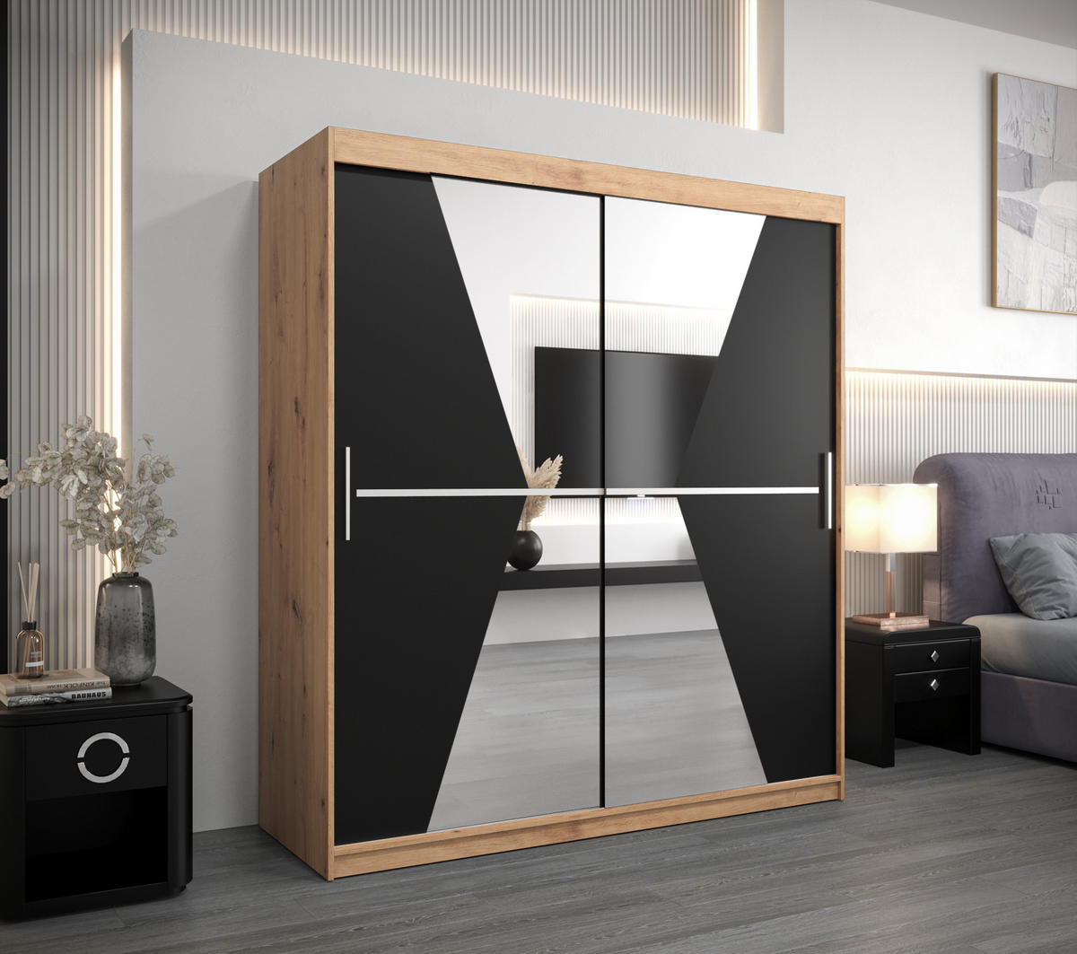 SCHWEBETÜRENSCHRANK 200/180/62 2-türig - Silberfarben/Schwarz, Holz/Kunststoff (180/200/62cm) - Abiks Möbel