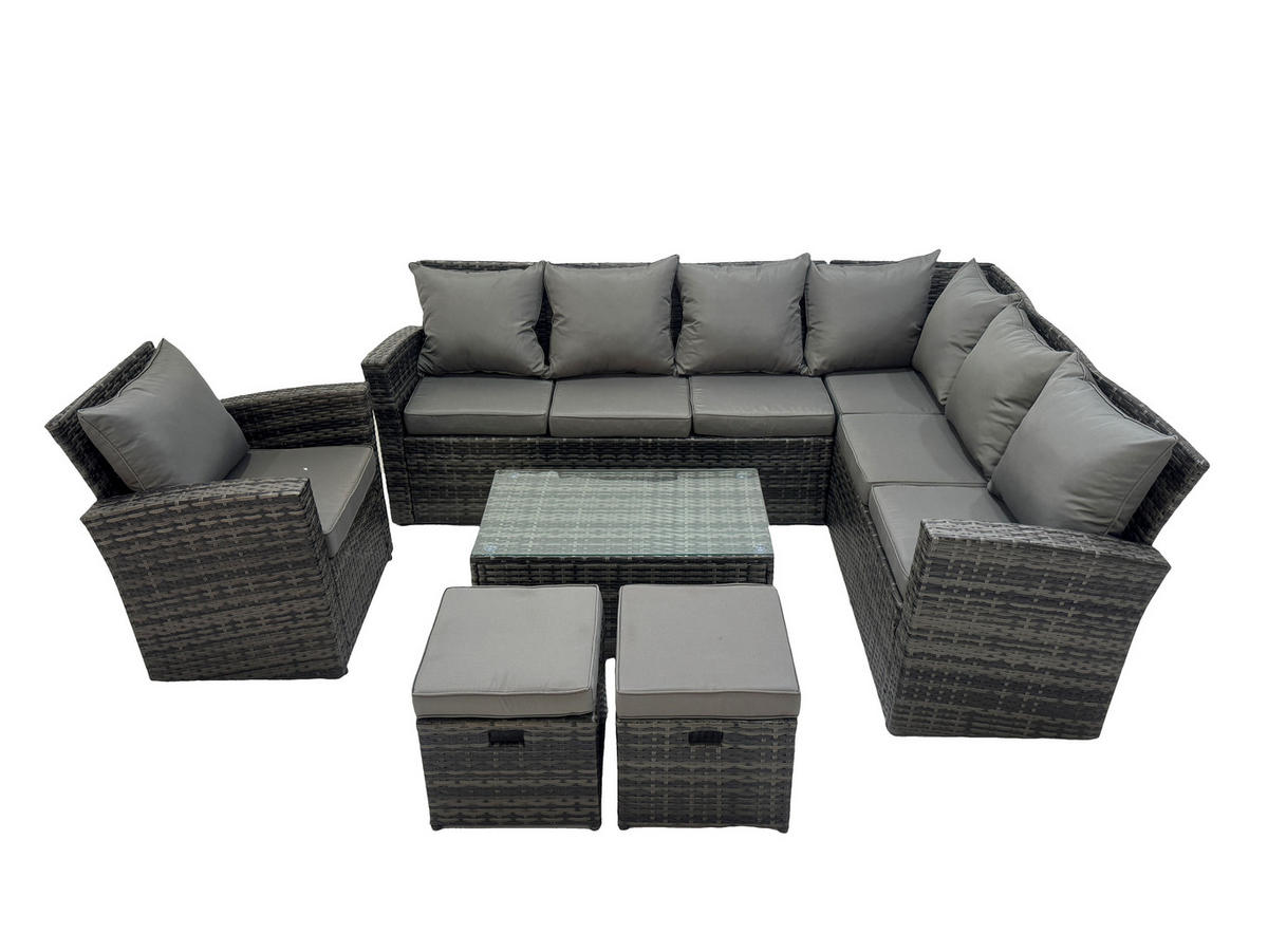 LOUNGESOFA-SET Polyrattan Dunkelgrau 9-Sitzer - Dunkelgrau/Grau, Glas/Kunststoff - Fimous