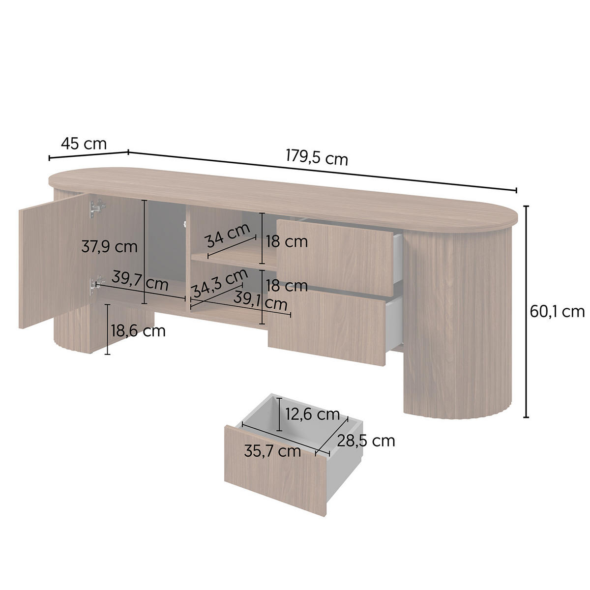 TV STOLEK Carlo s 1 dvířky, 2 zásuvkami a rýhovanými boky, 180 cm, ořech - barva vlašského ořechu, kompozitní dřevo (180/60/45cm) - Beautysofa
