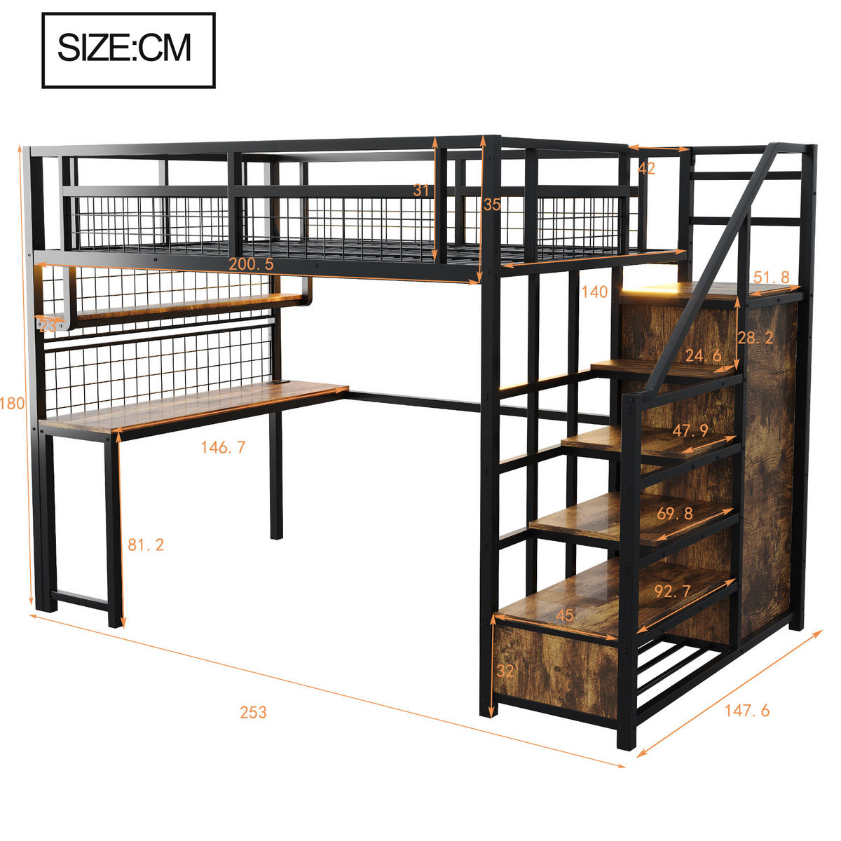 HOCHBETT 140/200 cm DE-01675, in Schwarz, mit Lichtleiste, Steckdose, Stauraumleiter und Schreibtisch - Schwarz, Metall (140/200cm) - ComfortXL