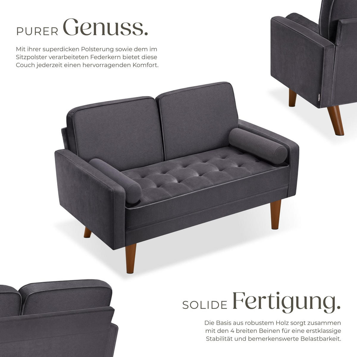 SOFA Skagen, 135 x 76 x 85 cm, Samtoptik grau - Braun/Grau, Kunststoff/Textil (135/85/76cm) - tectake