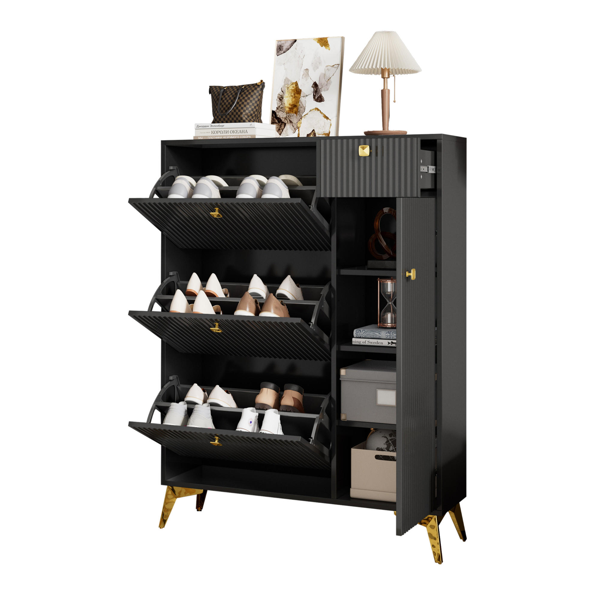 SCHUHSCHRANK 90/25/121 cm mit 3 Klappen, Schublade und Tür in Schwarz - Schwarz, Holzwerkstoff (90/121/25cm) - BEAOK