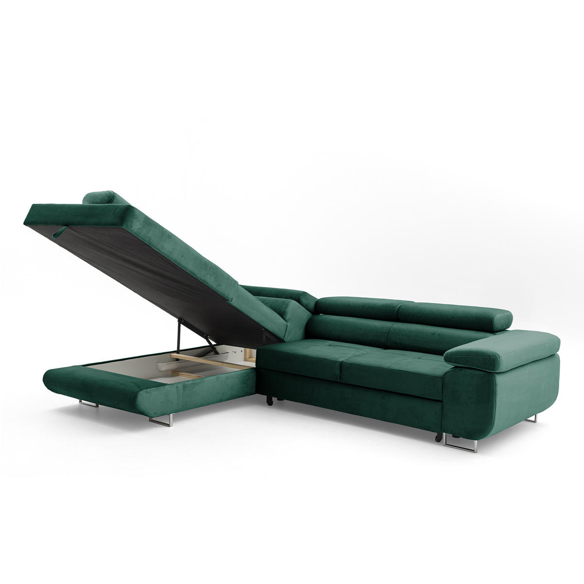 ECKSOFA WILD L Links mit Schlaffunktion 127x195 Velours Dunkelgrün - Chromfarben/Dunkelgrün, Holz/Textil (203/274cm) - Muffo