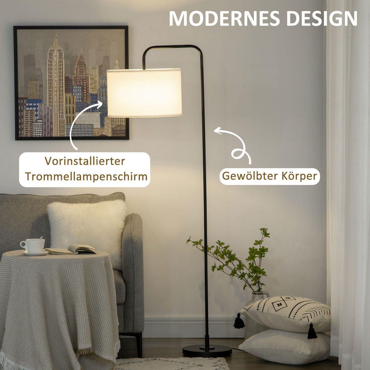 STEHLAMPE Wohnzimmer Stehleuchte mit Stoff-Lampenschirm, Fußschalter, Weiß - Weiß, Metall (64/38/163.5cm) - HOMCOM