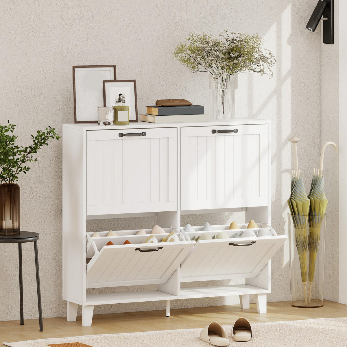 SCHUHSCHRANK,4 Klappschubladen verstellbare Böden,weiß - Weiß, Holzwerkstoff (99.5/93.3/24cm) - Vallsero