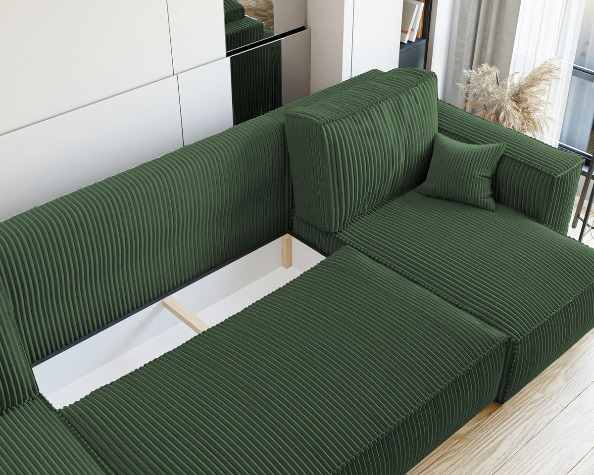ECKSOFA mit Schlaffunktion und Bettkasten, Grün - Grün, Holzwerkstoff/Textil (312/145cm) - Idohome