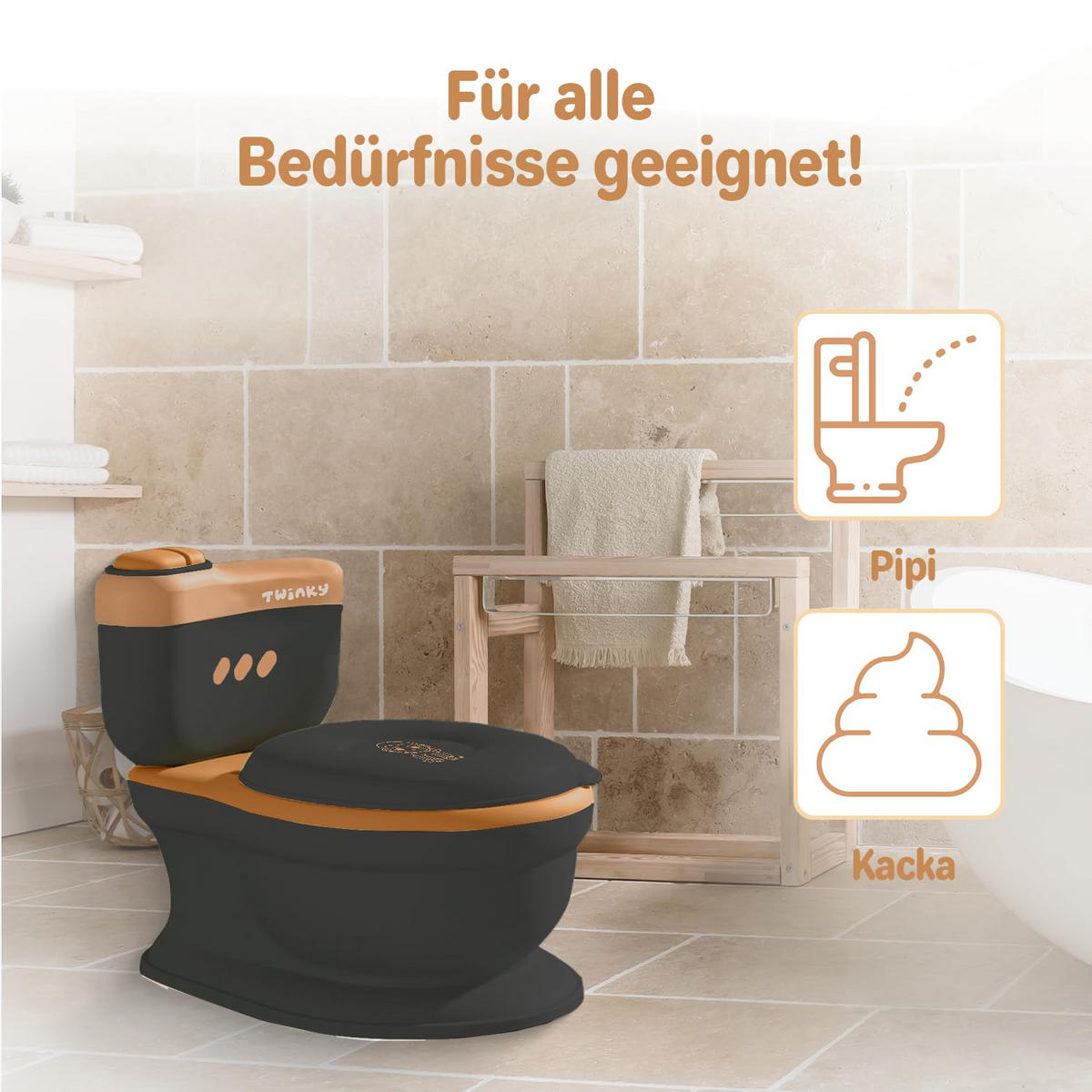 TÖPFCHEN 3-in-1 Potty Trainer & Kindertoilette Schwarz Braun - Schwarz/Braun, Kunststoff (39/40cm) - Twinky