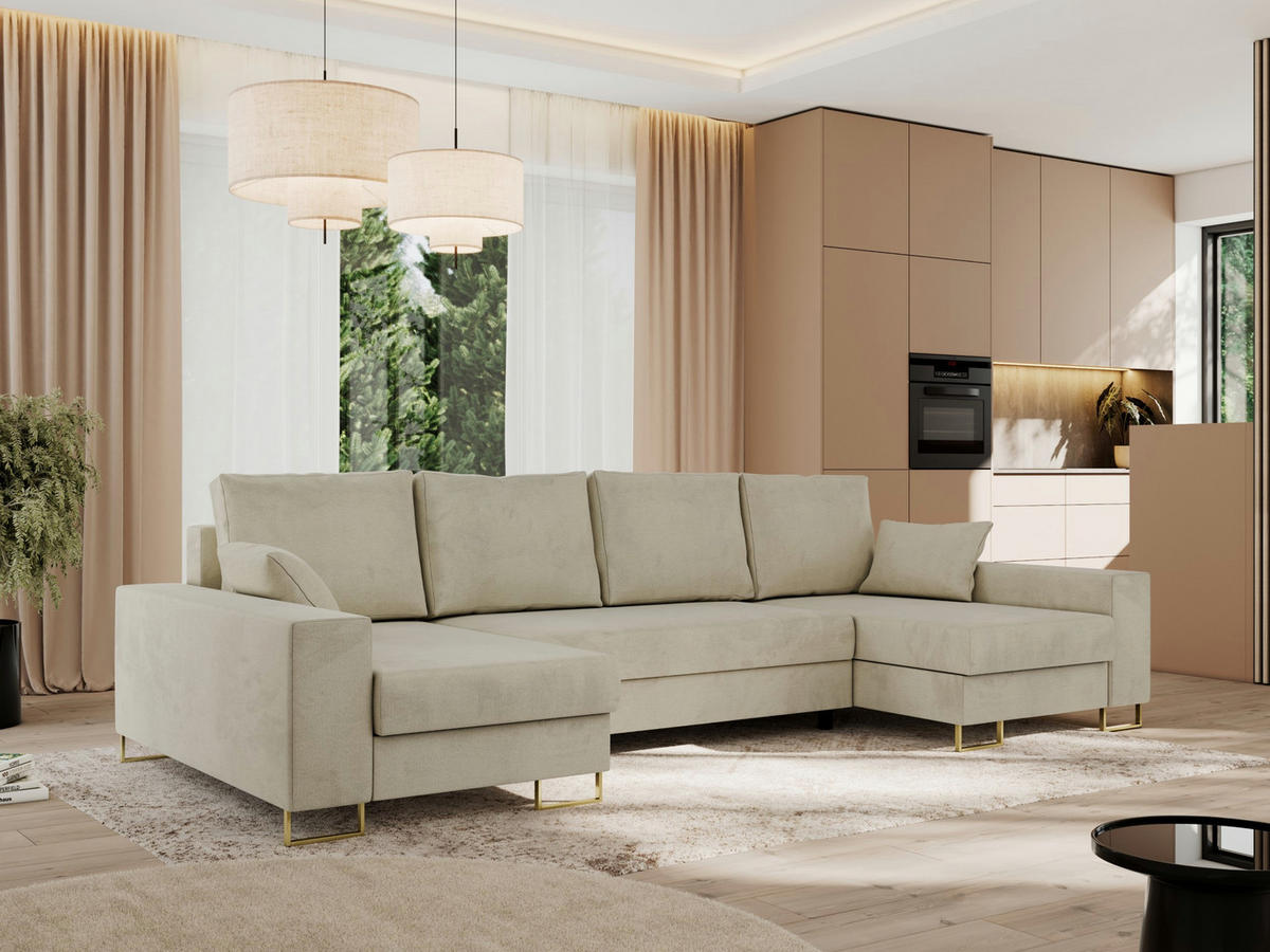 WOHNLANDSCHAFT DORIAN U Velvet Beige - Beige/Goldfarben, Textil/Metall (312/95/138cm) - MKS