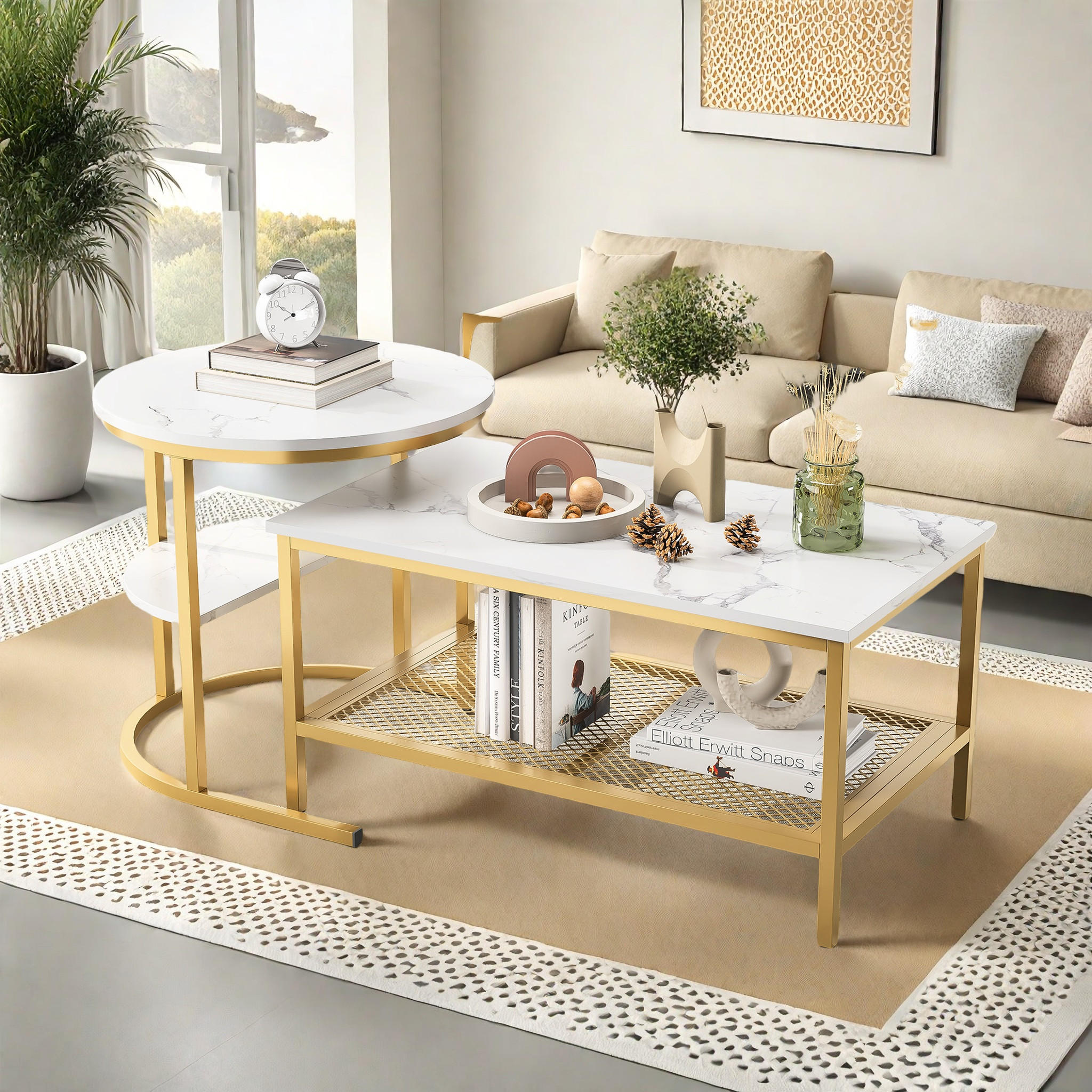 COUCHTISCH 2er Set, Marmoroptik mit Ablage & Metallrahmen, Weiß + Gold - Goldfarben, Holz (112/58/10cm)