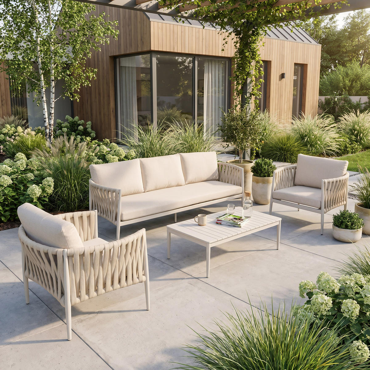 ZAHRADNÍ SADA Riviera se sofa, křesly a konferenčním stolkem, pro 5 osob, kovové nohy, béžová - béžová, kov - Beautysofa