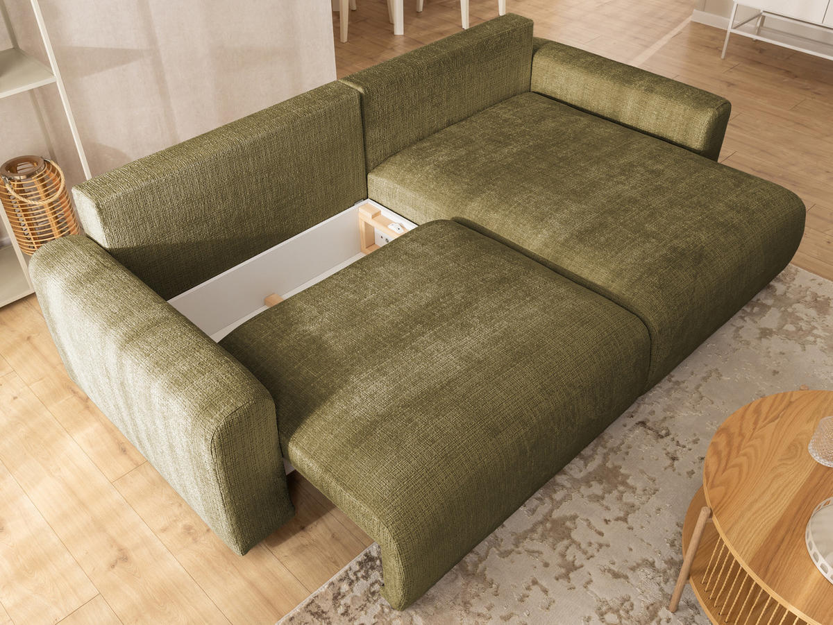 ECKSOFA Calma mit Schlaffunktion und Bettkasten im Bumpy-Design aus weichem Grün Chenille-Stoff - Ottomane rechts - Beige/Schwarz, Holz/Kunststoff (239/140cm) - S-Style Möbel