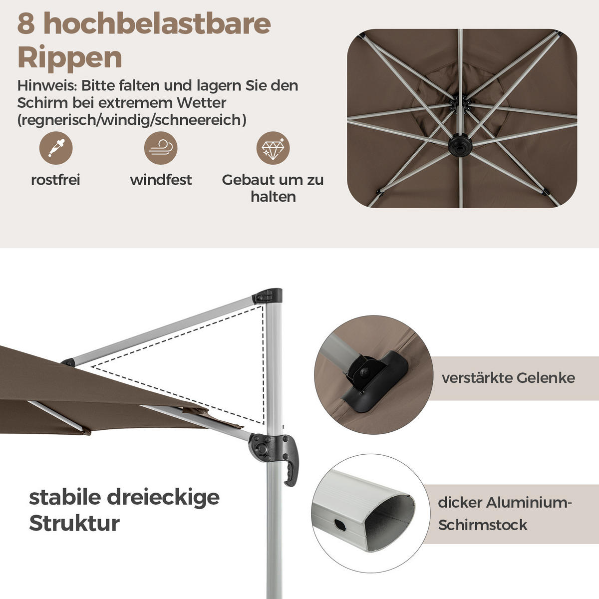 SLNEČNÍK 339 cm hnedý - hnedá, textil (339/339cm) - COSTWAY