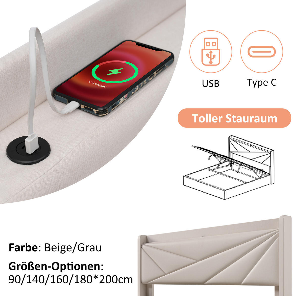 OBLAZINJENA postelja 90/200 cm z USB in USB-C priključkom, shranjevalnim prostorom in vzmetnico, Bež - bež, tekstil (90/90cm) - Redom