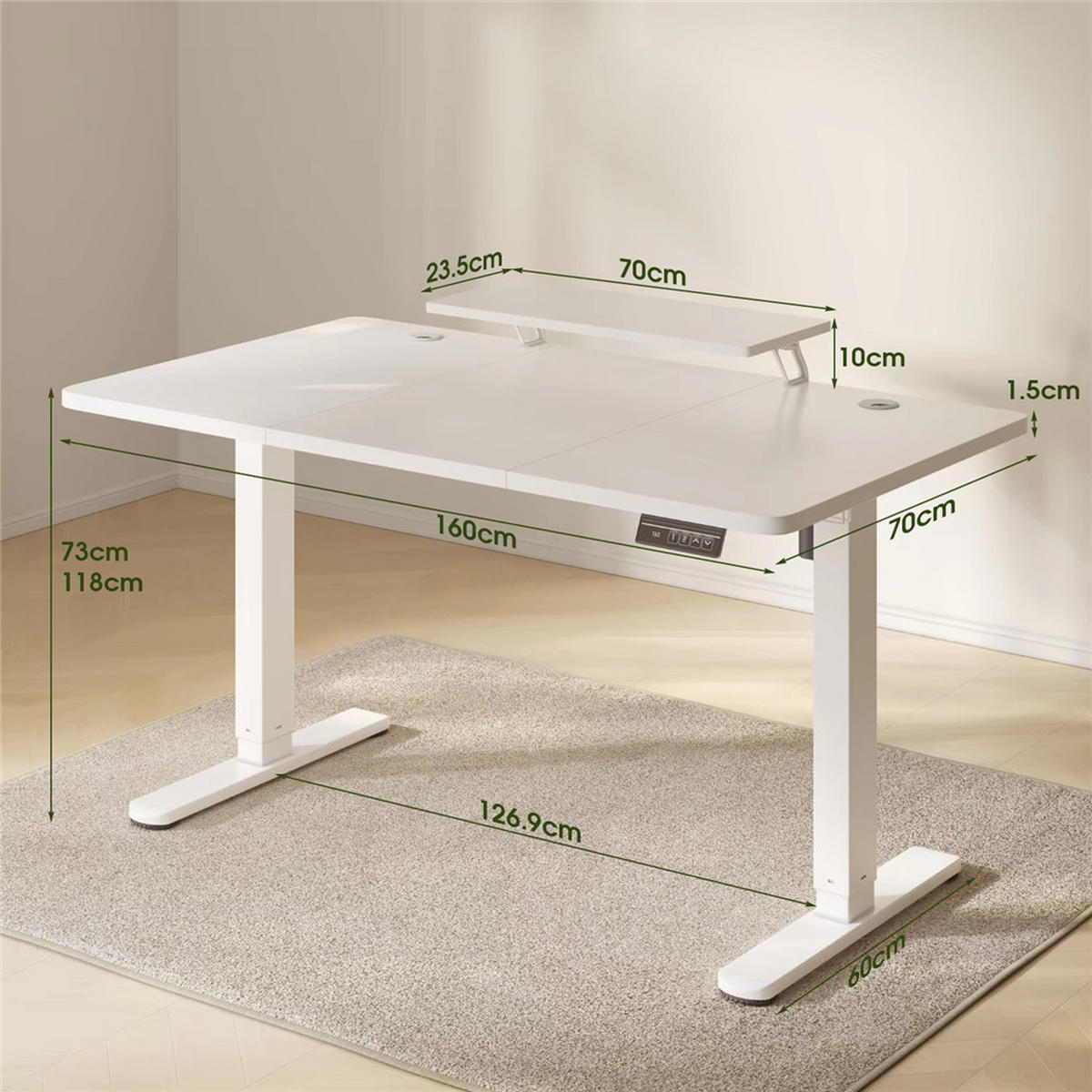 SCHREIBTISCH 160/70/73-118 cm elektrisch höhenverstellbar Monitorständer Weiß - Weiß, Holz (160/70/73cm) - Kaket