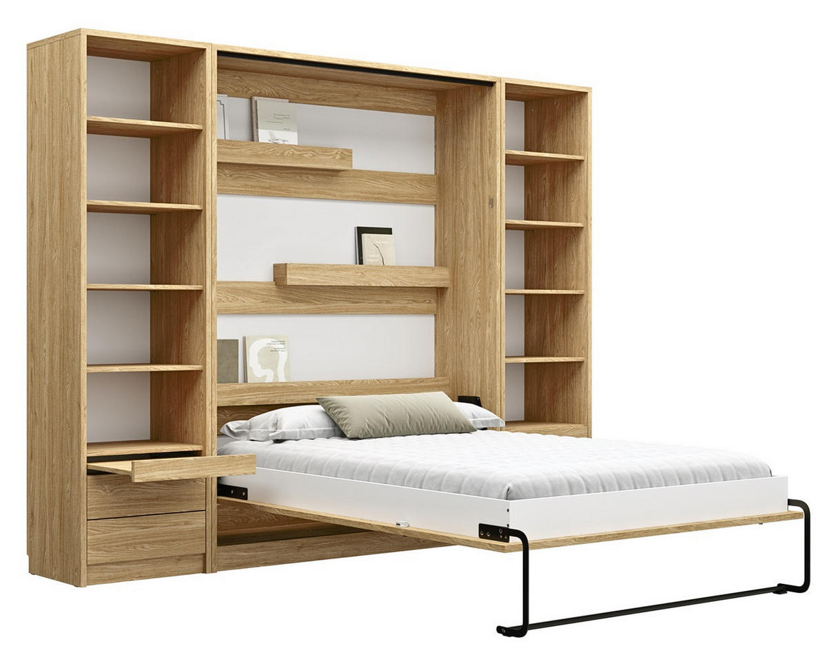 SCHRANKBETT vertikal GN120x200 mit Schreibtisch, LED und 2 Regalen - 3-teilig - Eiche geölt - Eichefarben/Schwarz, Holzwerkstoff/Metall (120/200cm) - QMM TraumMöbel