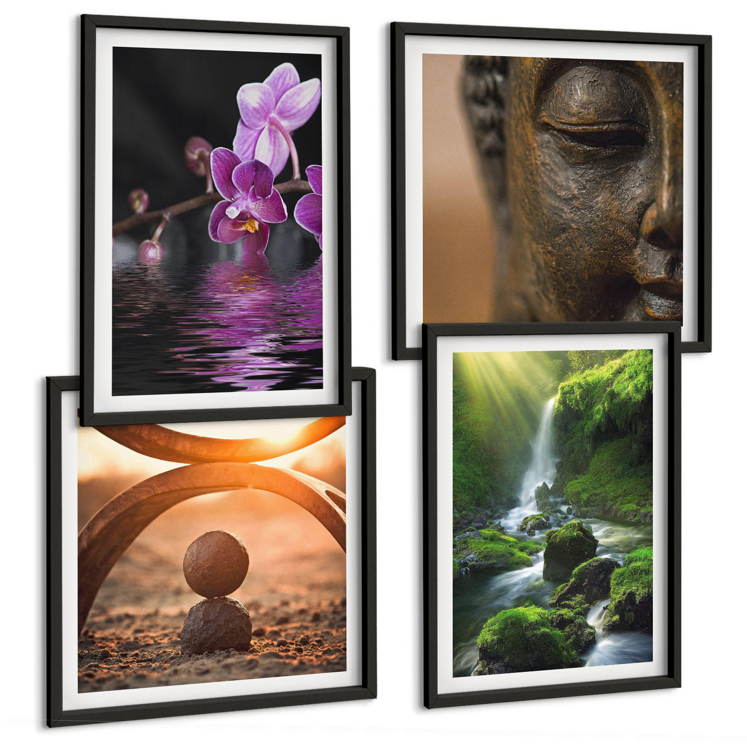 BILDER SET 4er Set - 50x50 cm & 40x60 cm Schwarzer Rahmen - Blumen im Wasser des Buddha-Wasserfalls - Schwarz, Kunststoff (50/50cm) - TULUP