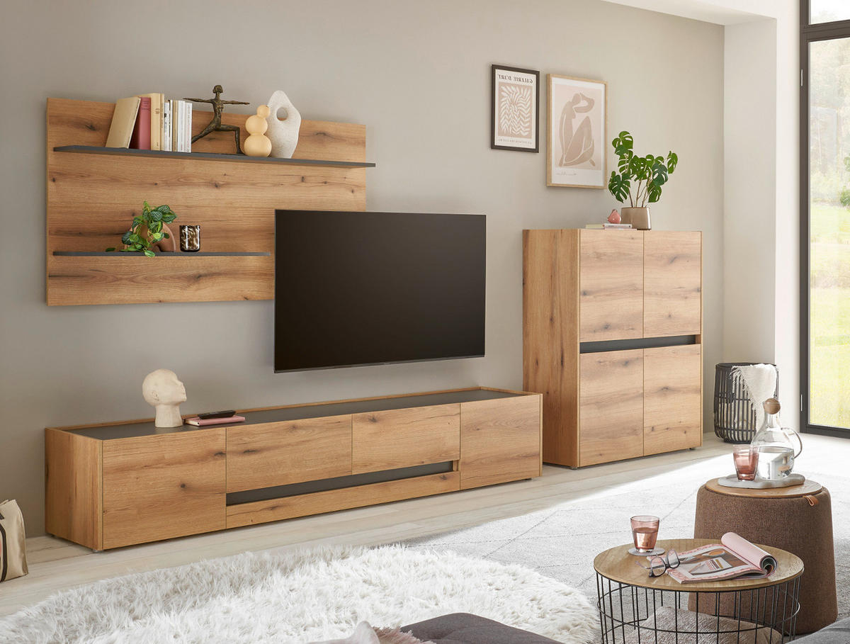 WOHNWAND Evoke Eiche, grau, Wohnkombination Set 3-teilig, 343 cm - Eichefarben/Schwarz, Holz/Holzwerkstoff (360/180/45cm) - Furn.Design