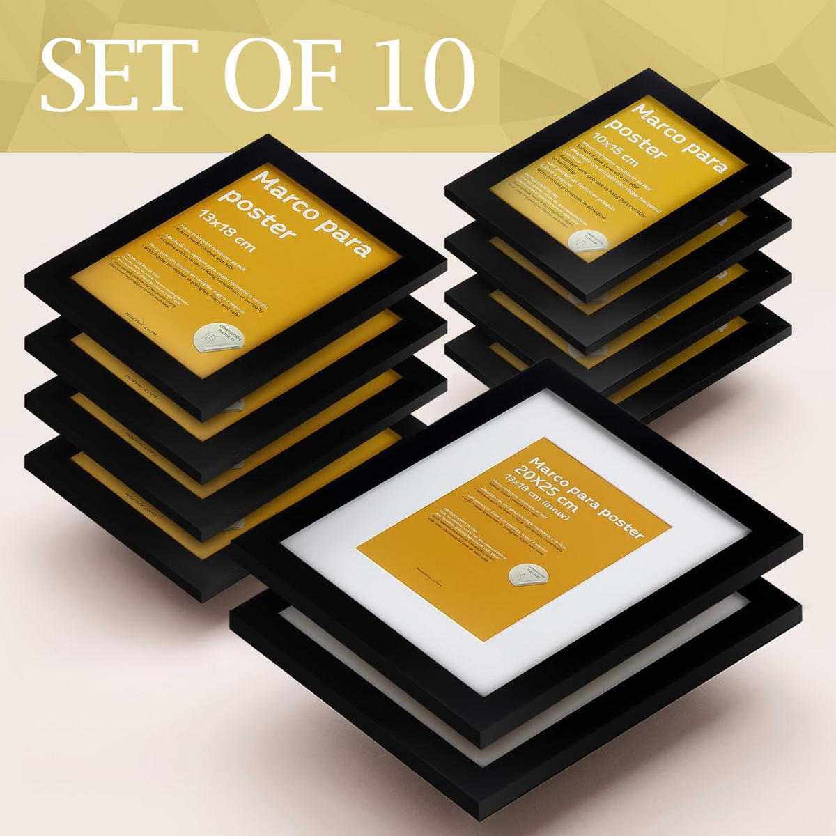 RAHMEN Set mit 10 aus MDF und Acrylglas Schutz und Aussteller für Fotografien, Bilder, Poster, Gemälde Farbe Schwarz 20x25, 13x18, 10x15 cm - Schwarz, Holz (20/3/25cm) - Nacnic