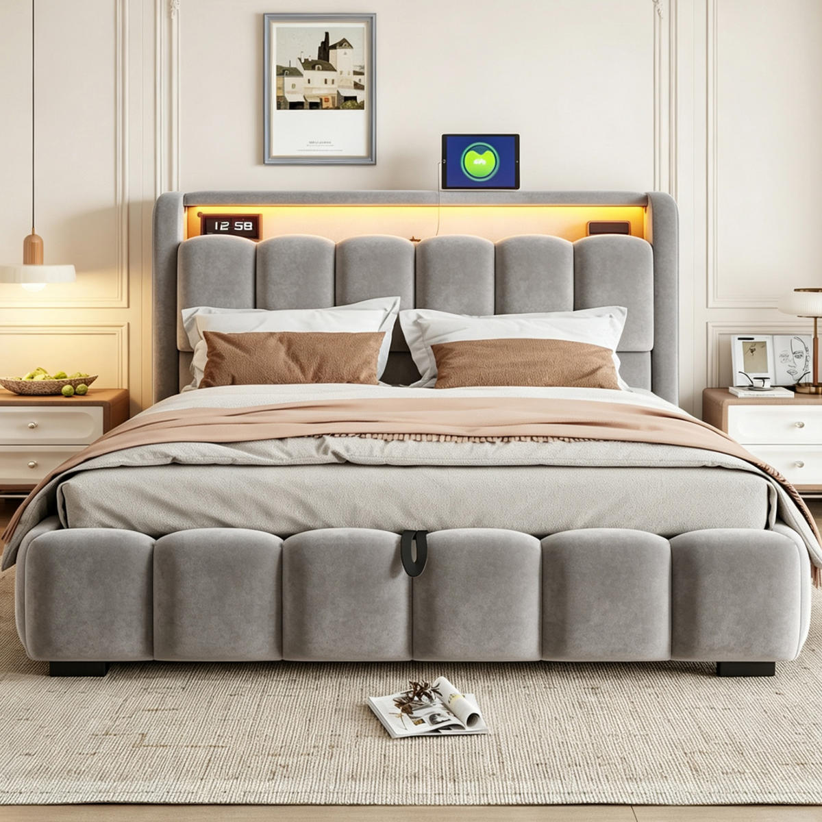 BOXBETT 180/200 mit LED/USB-C, Samt, Grau - Grau, Holz (180/200cm) - LVHOM