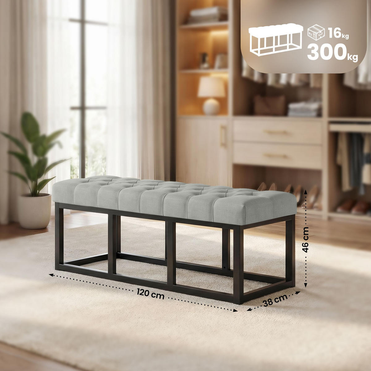 SITZBANK 120/38 cm Stoff Grau - Schwarz/Grau, Textil/Metall (120/46/38cm) - CLP