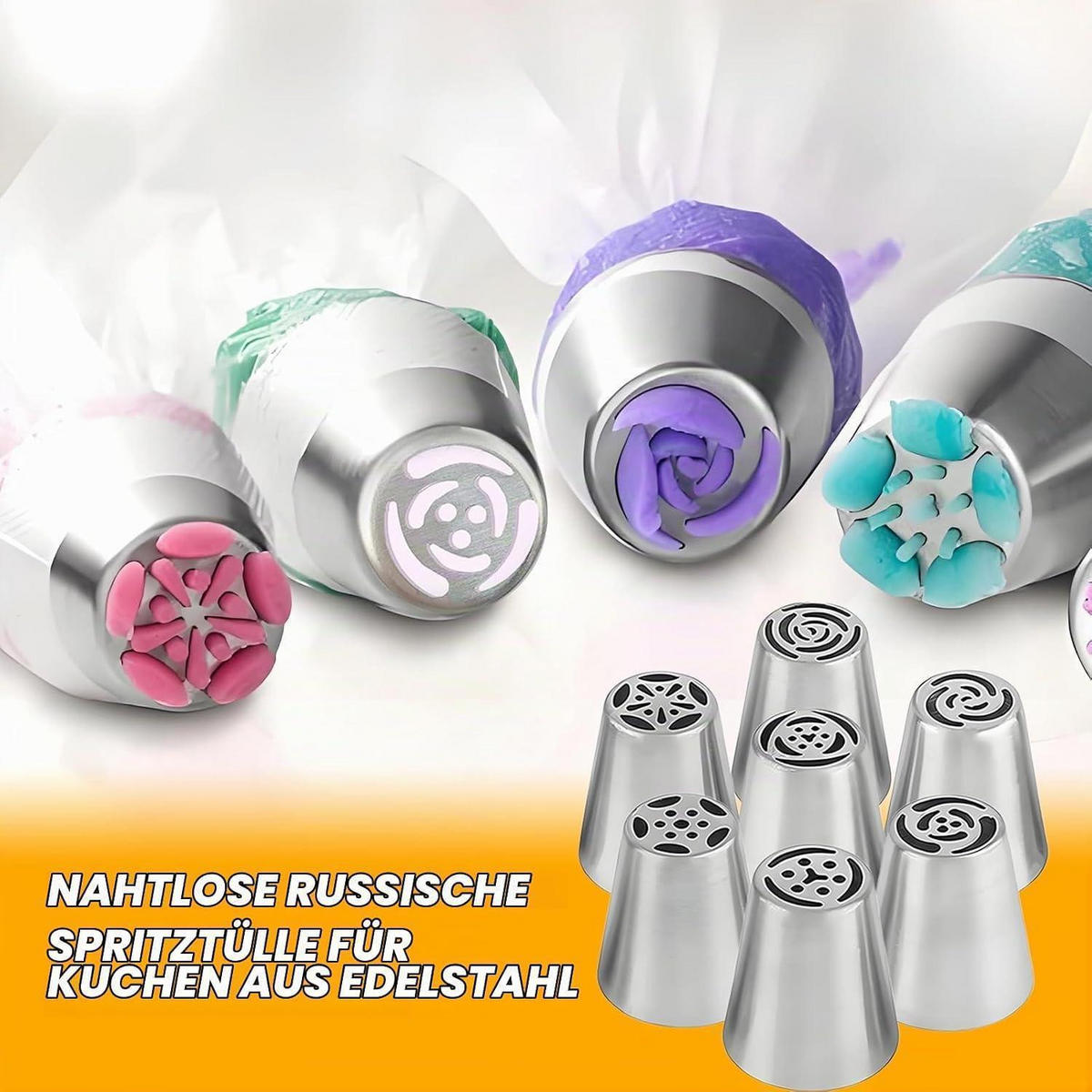 SPRITZTÜLLEN 7-teiliges Set Blumenmuster Edelstahl - Silberfarben, Metall (3.8/4.3/4.3cm)