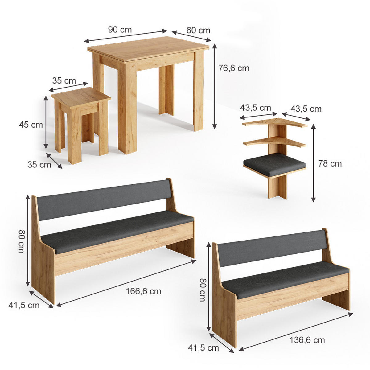 ECKBANKGRUPPE Roman Goldkraft Eiche 210 x 41.5 cm mit Tisch - Honigeiche/Anthrazit, Holzwerkstoff (210/80/180cm) - Vicco