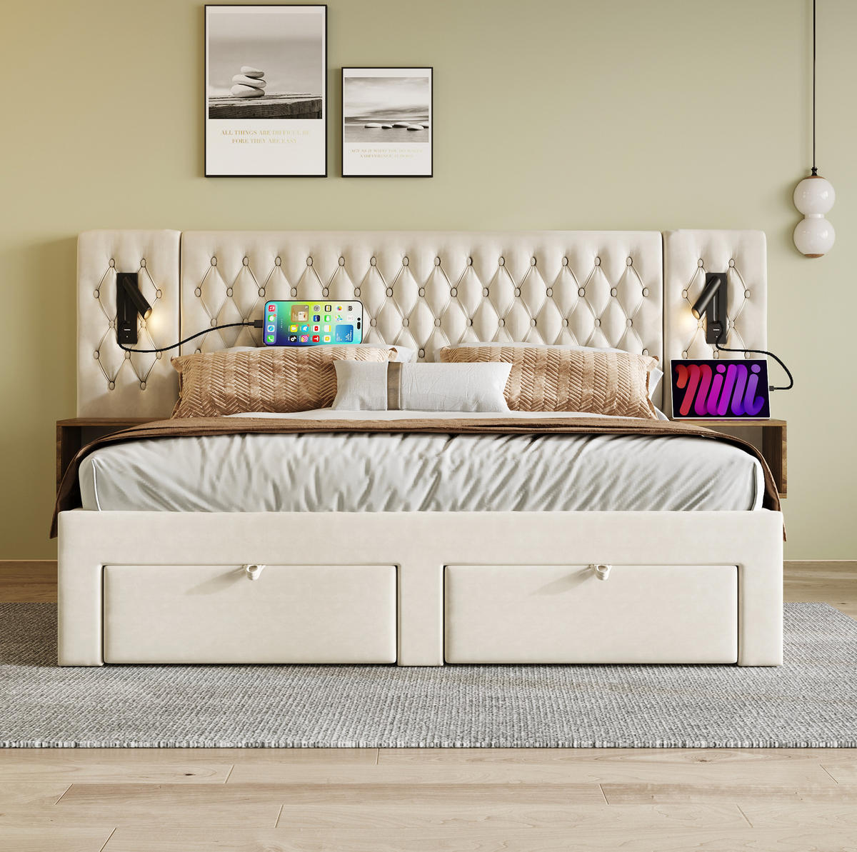 POLNJENA postelja iz žameta 180x200 cm bež z 2 nočnima omaricama, 4 predali, bralnimi lučmi in USB/Type C - bež, tekstil (180/200cm) - Modfu