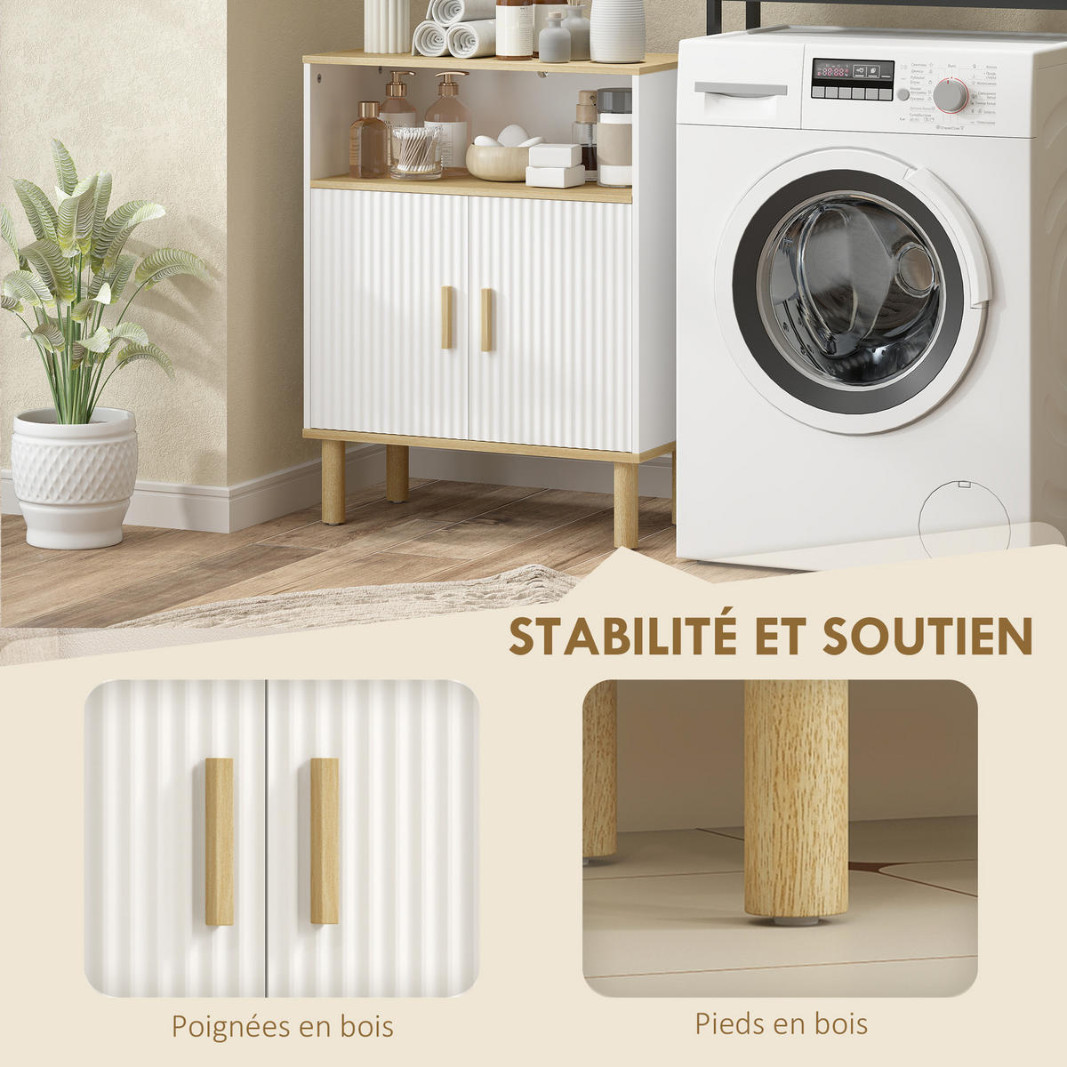 BADMÖBEL DE-17355 ausziehbarer Wäschekorb, 3-in-1 Natur - Weiß, Holzwerkstoff (60/76.5/29.5cm) - ComfortXL