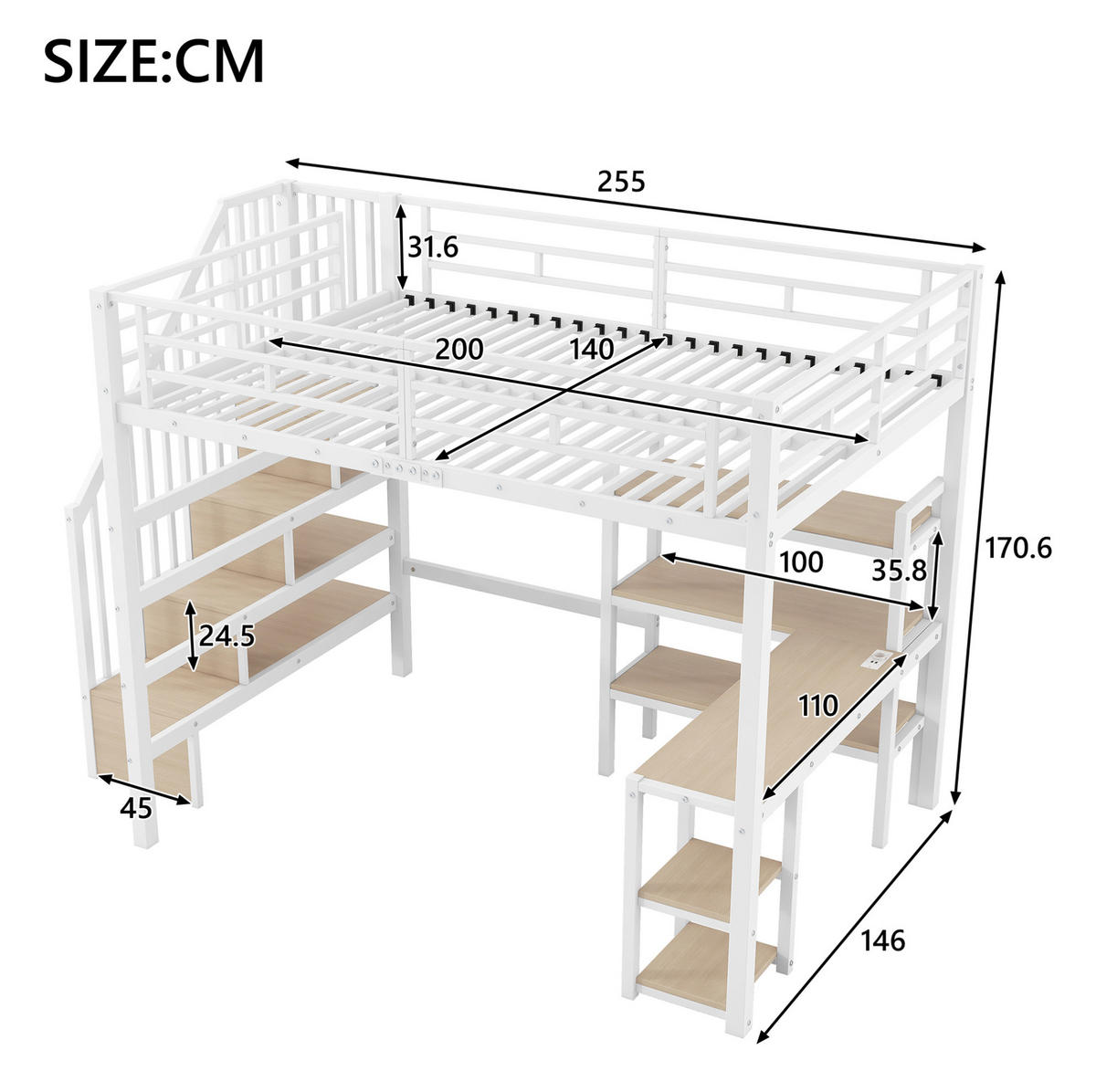 METALL-HOCHBETT MDF 140x200 cm Weiß mit Schreibtisch, Stauraumtreppe, Regal und LED - Weiß, Holzwerkstoff (140/200cm) - Modfu