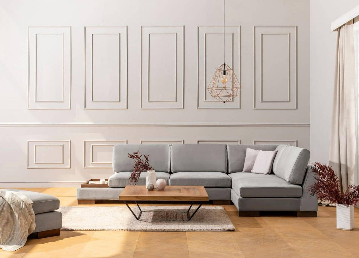 ECKSOFA mit Hocker und Lounge-Design - Walnussfarben/Hellgrau, Holz/Textil (193/313cm) - myHomelando
