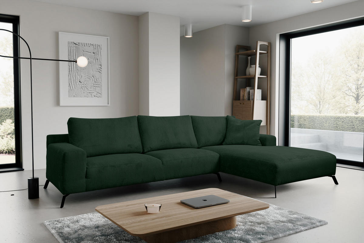 ECKSOFA Aspen in L-Form, Coach Farbe: Grün, Cordstoff, Ottomane Rechts - Grün, Textil (312/187cm) - VENASI MÖBEL