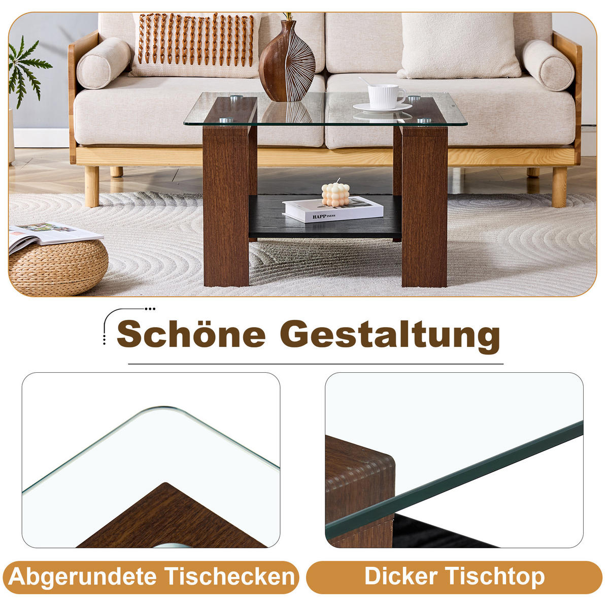COUCHTISCH 65/41/45.5 cm in Walnuss aus MDF und Glas mit Stauraum - Walnussfarben, Holzwerkstoff (75/75/45.5cm) - OKMYHOME