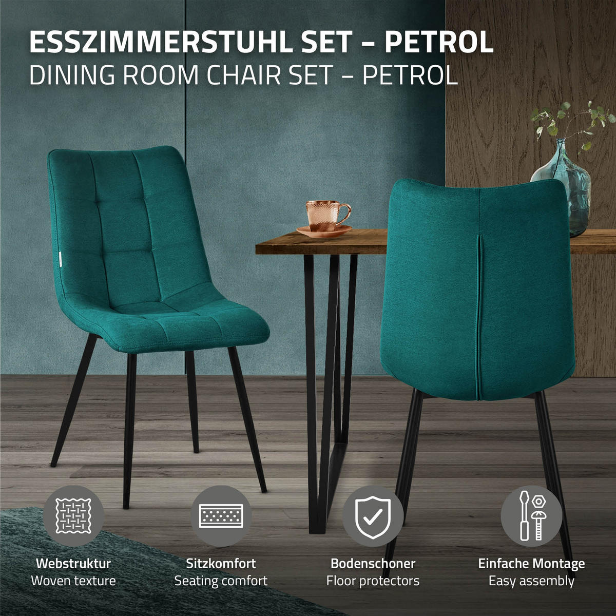 ESSZIMMERSTÜHLE 2ER-SET Petrol Stoffbezug - Petrol/Schwarz, Textil/Metall (49/89/60.5cm) - ML-DESIGN