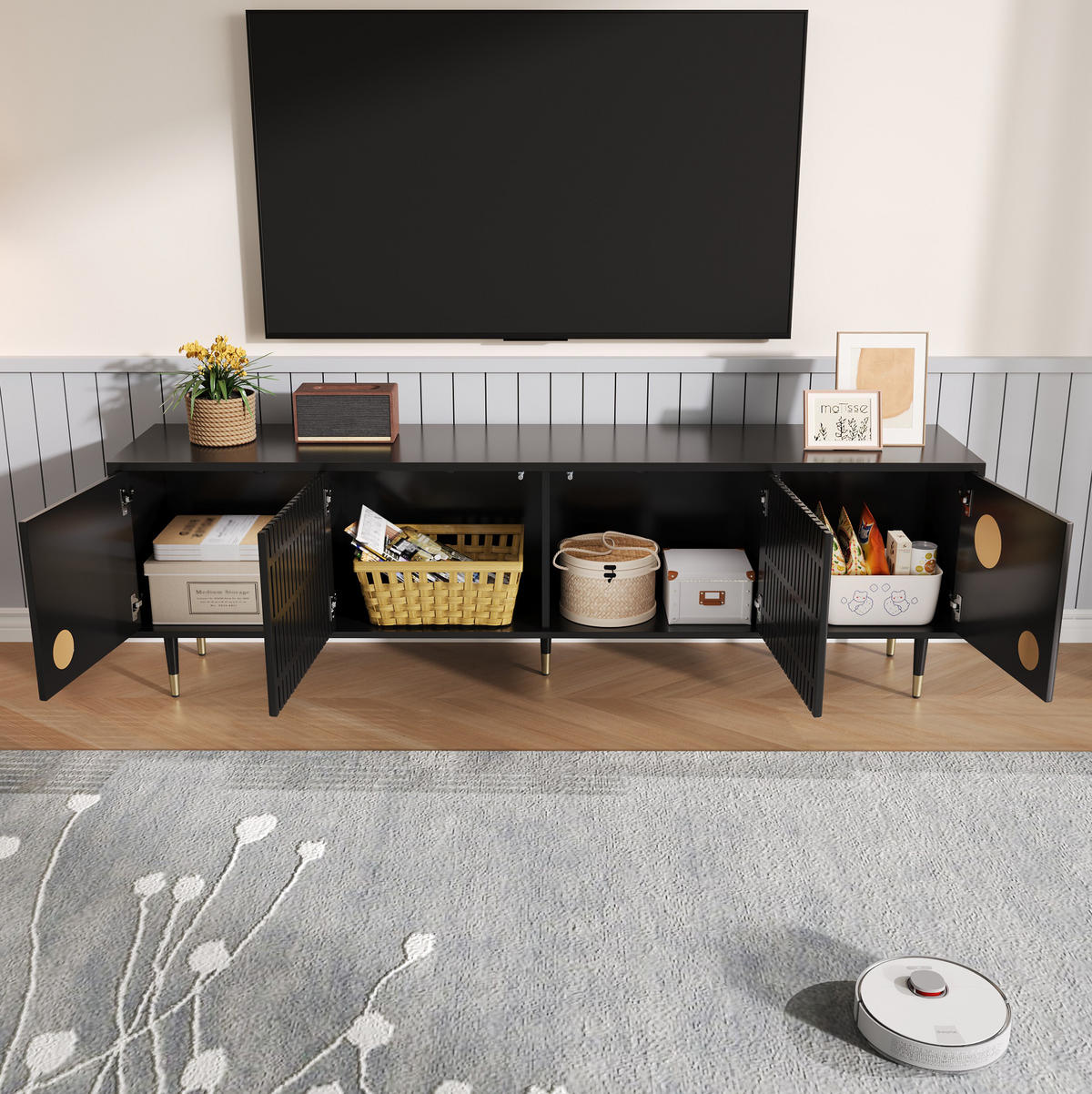 TV-LOWBOARD 170/36/54 cm mit 4 Türen und Kabeldurchlass - Schwarz, Holzwerkstoff (170/54/36cm) - BEAOK