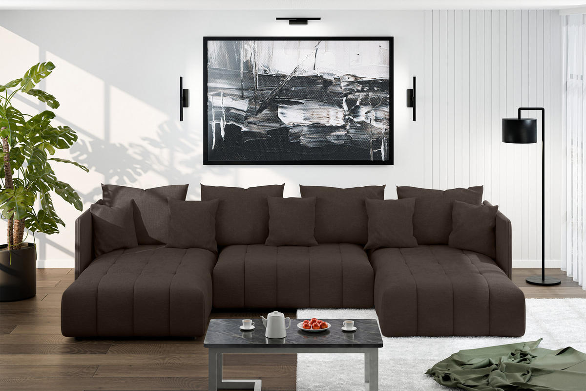 WOHNLANDSCHAFT Veliro U Braun 353/180/83 cm mit Schlaffunktion und Bettkasten - Schwarz/Braun, Kunststoff/Textil (353/83/180cm) - AX Living