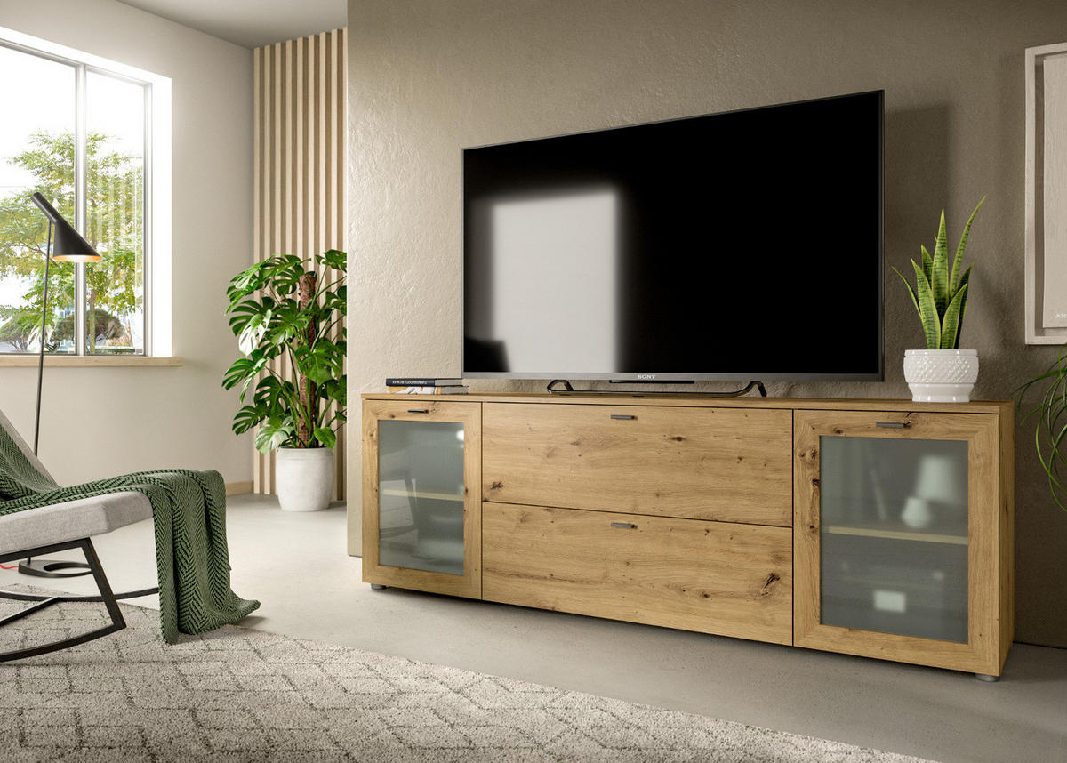 TV-LOWBOARD Eiche Artisan 180 cm, Flat-TV Unterschrank mit Komforthöhe - Silberfarben/Eiche Artisan, Glas/Holzwerkstoff (180/62/37cm) - Inn.Furn