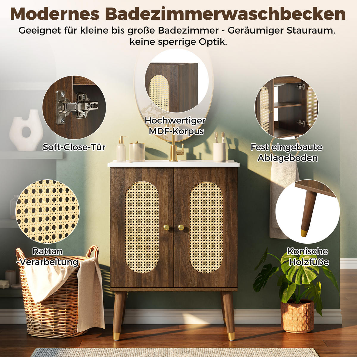 BADEZIMMERSCHRANK Rattan Türen Keramik Waschbecken Stauraum 61cm - Walnussfarben, Keramik (61/89/47cm) - FLIEKS