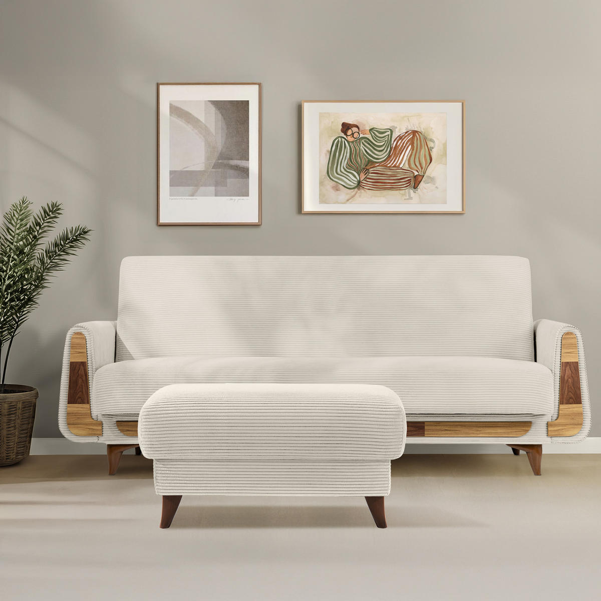 HOCKER GUSTAVO II, Cremefarbig - Creme/Braun, Holz/Holzwerkstoff (92/49/92cm) - KONSIMO®