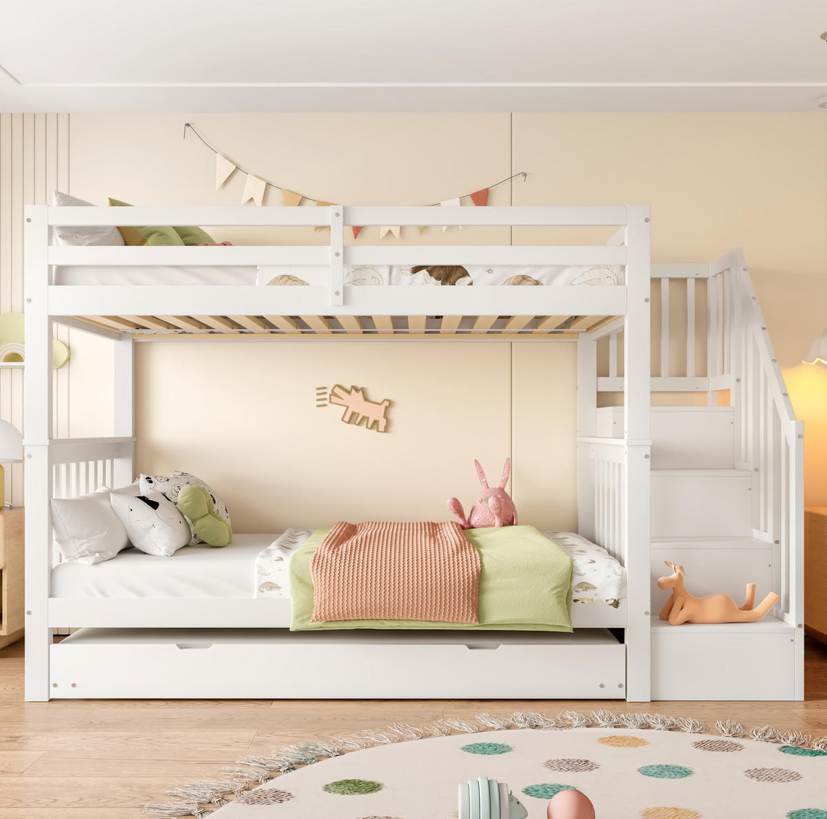 ETAGENBETT 90/200 cm in Weiß mit Treppenregal und ausziehbarem Rollbett - Weiß, Holzwerkstoff (90/200cm) - BEAOK