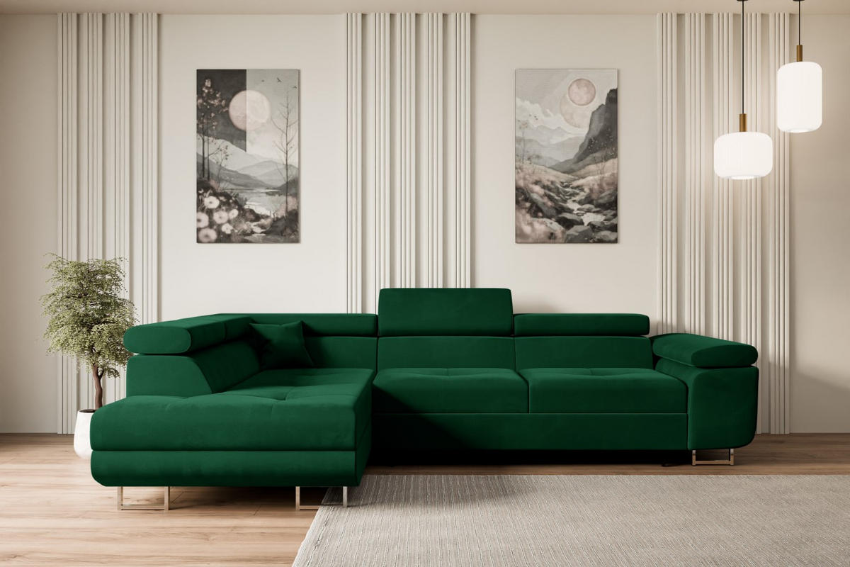 ECKSOFA mit Schlaffunktion und Bettkasten GUSA-L 272x202x107 cm Grün Velours - Silberfarben/Grün, Holzwerkstoff/Textil (202/272cm) - ALTDECOR