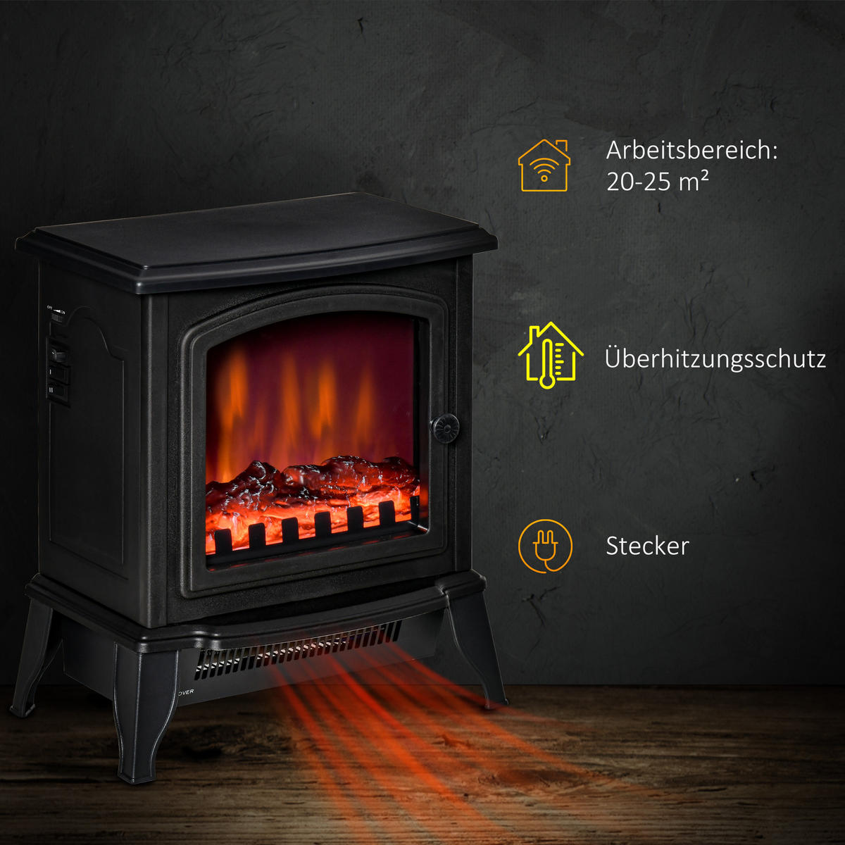 ELEKTROKAMIN, Standkamin mit LED-Flammeneffekt, 2000W Kaminofen, Metall, Schwarz - Schwarz, Kunststoff (24/45.5/36.5cm) - HOMCOM