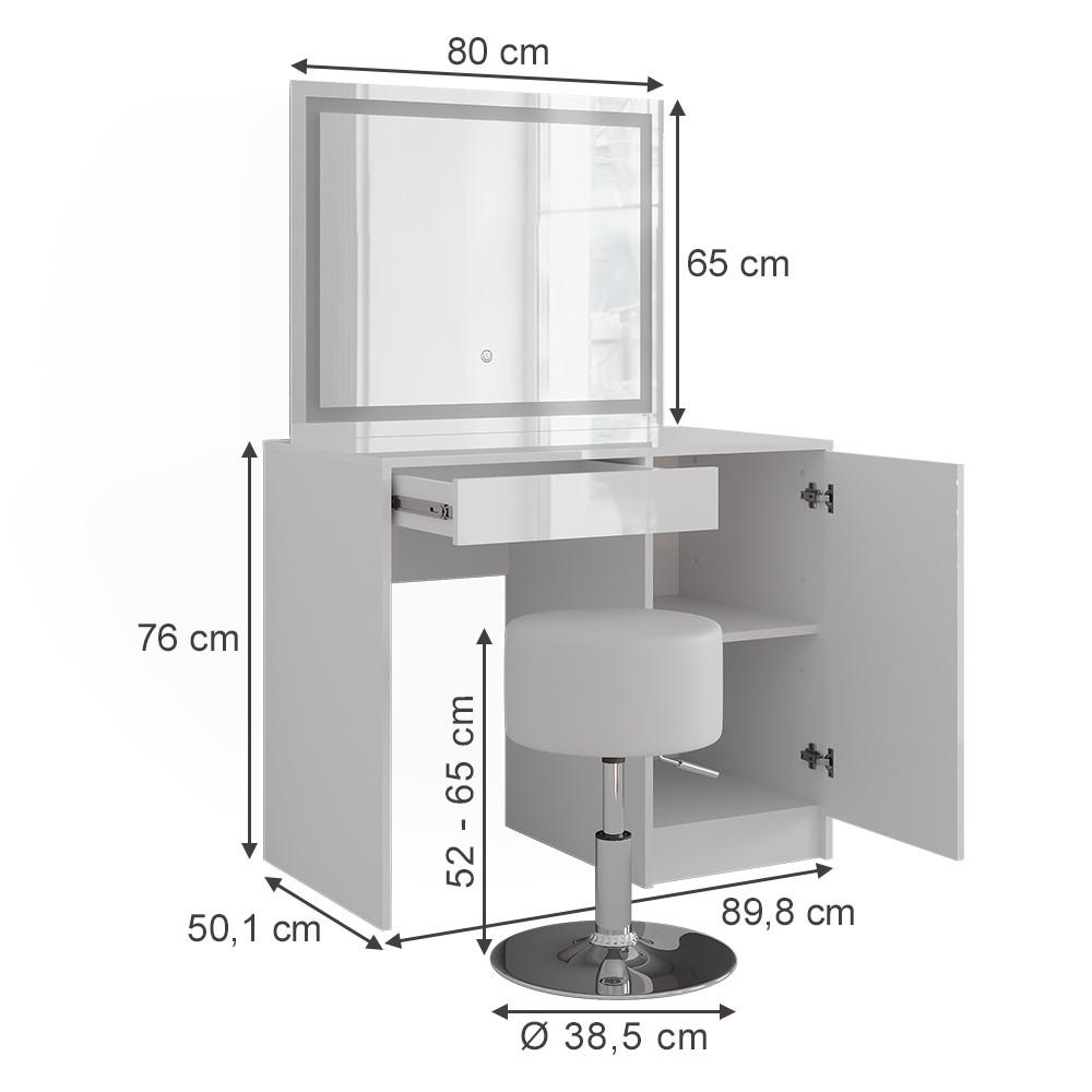 SCHMINKTISCH Sherry Weiß/Weiß Hochglanz 89.8 cm mit LED-Spiegel und Hocker - Weiß Hochglanz, Holzwerkstoff (89.8/76/50.1cm) - Vicco
