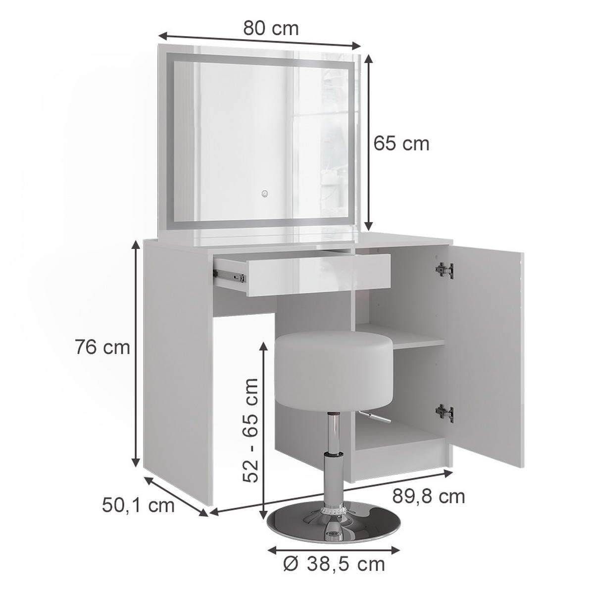 SCHMINKTISCH Sherry Weiß/Weiß Hochglanz 89.8 cm mit LED-Spiegel und Hocker - Weiß Hochglanz, Holzwerkstoff (89.8/76/50.1cm) - Vicco