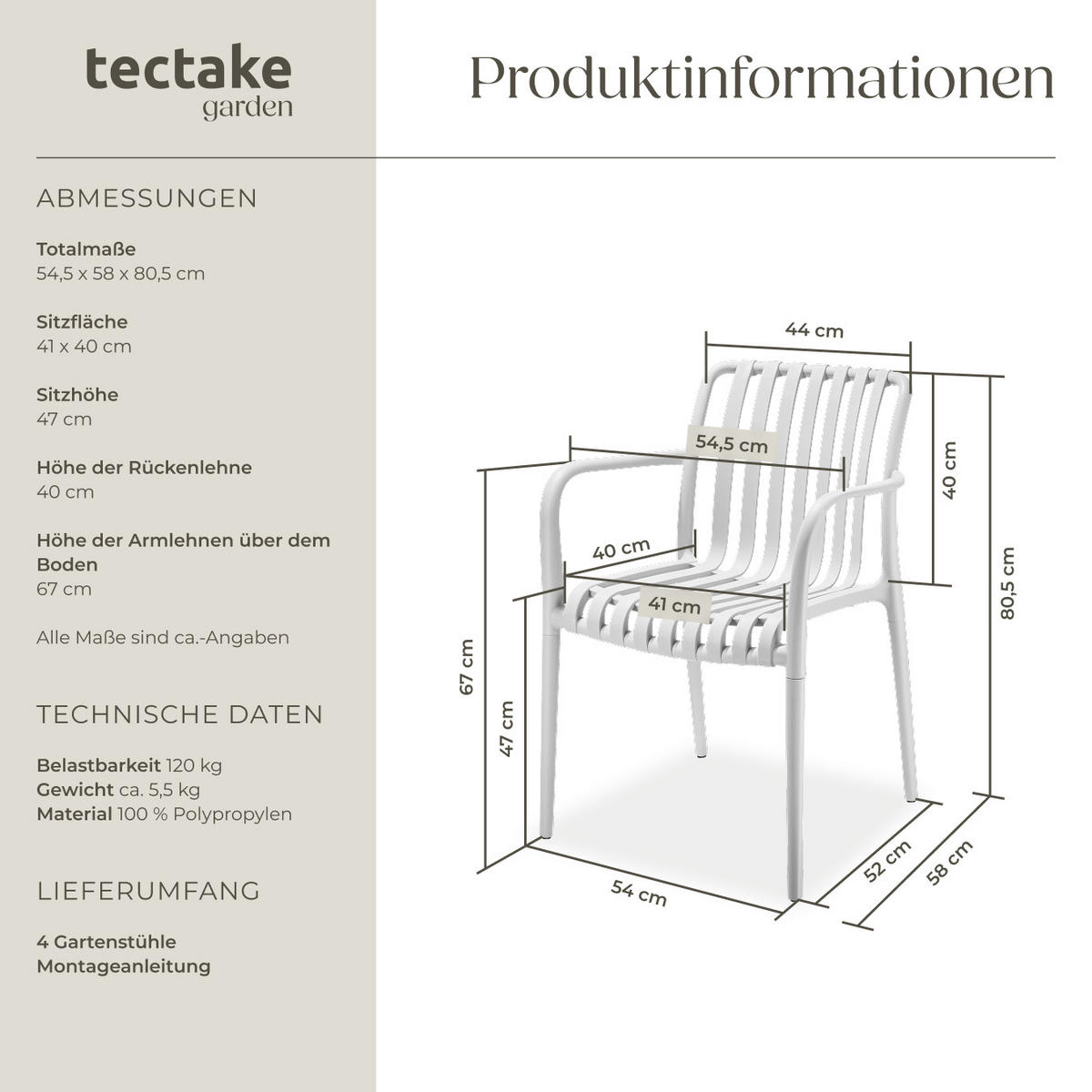 GARTENSTÜHLE Alcudia,54,5 x 58 x 80,5 cm, Belastbarkeit 120 kg,weiß - Creme, Textil (54.5/80.5/58cm) - tectake