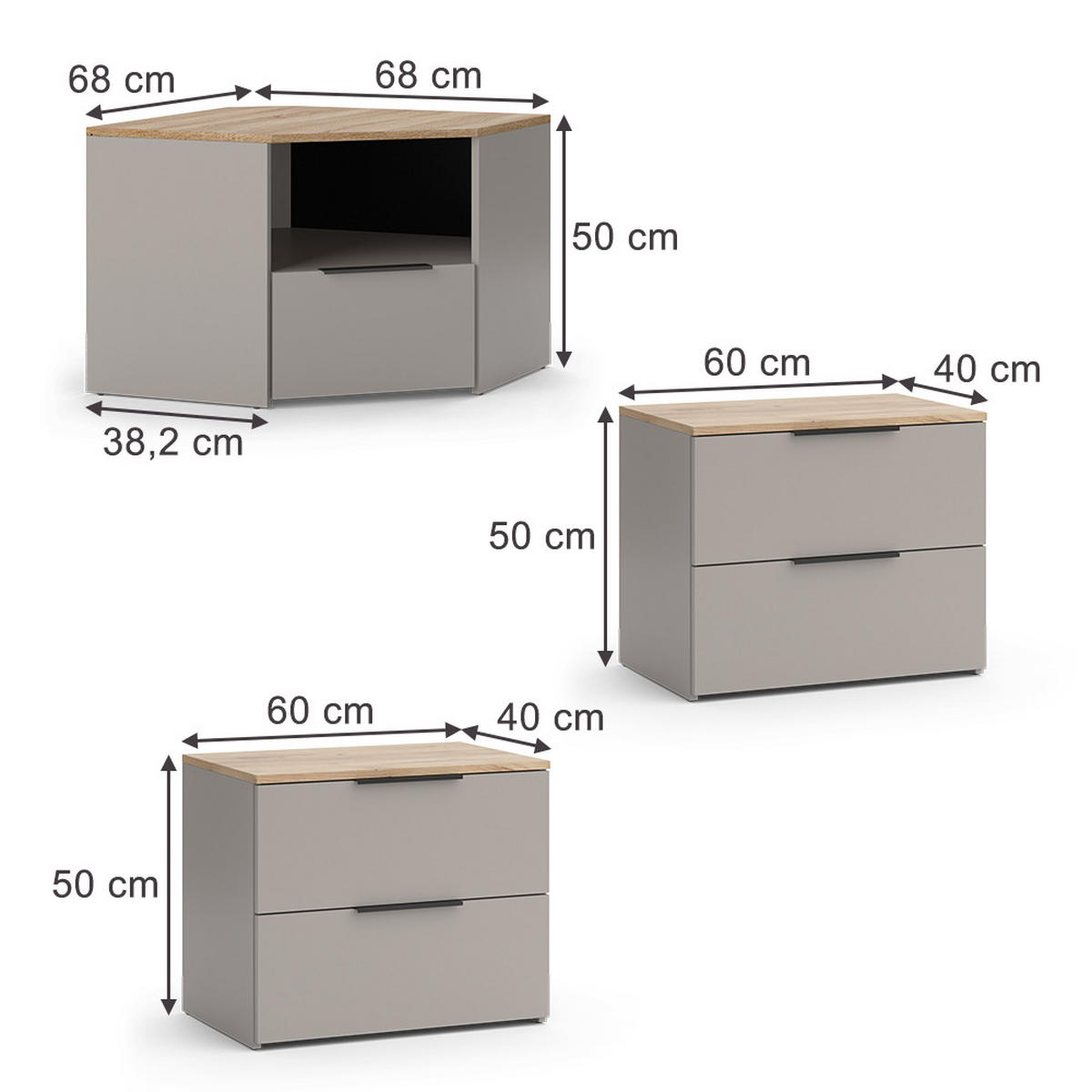 WOHNWAND Wido Greige 3 Teile - Greige/Sonoma Eiche, Holzwerkstoff (68/50/68cm) - Vicco