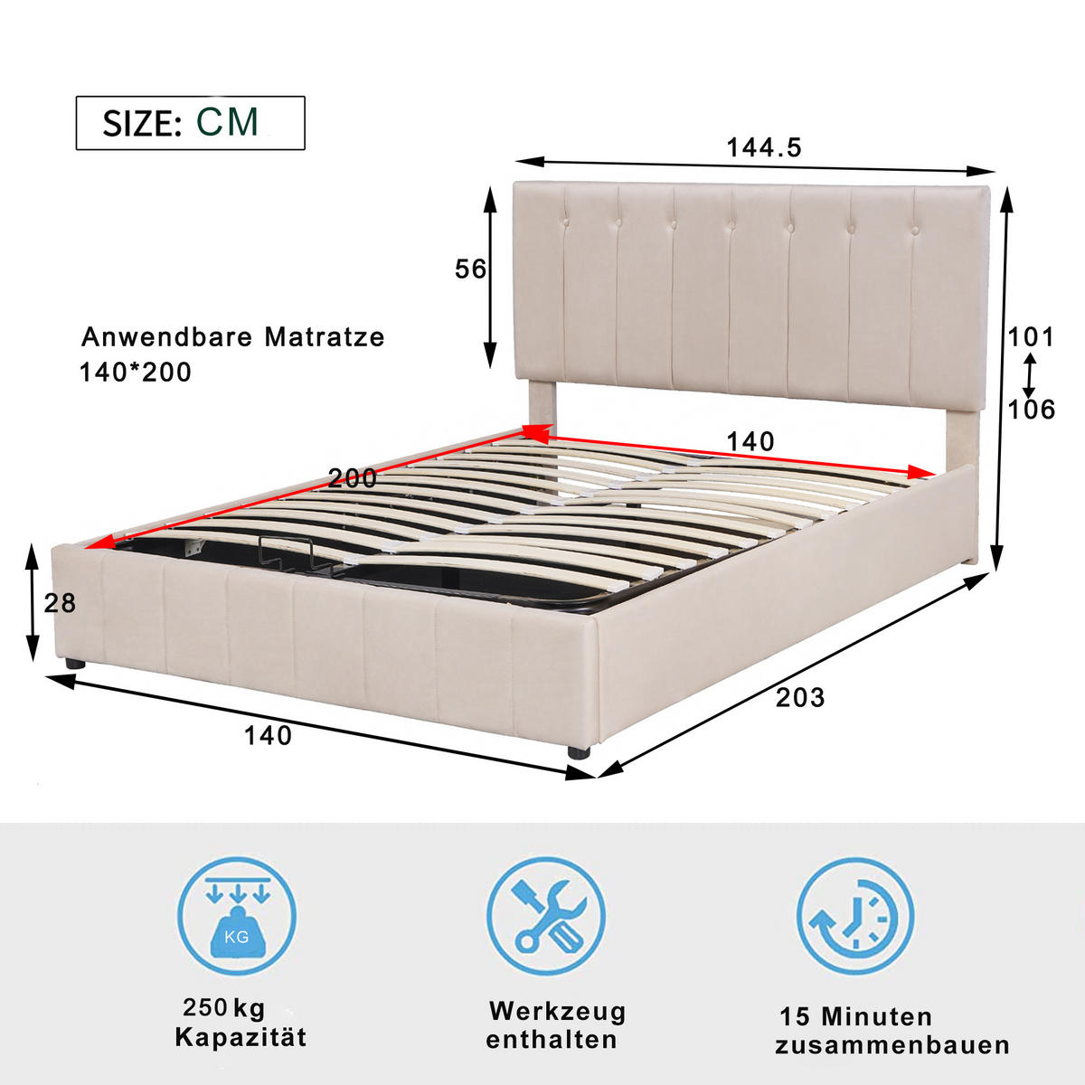 POLSTER-DOPPELBETT 140x200cm, Stauraum, Kopfteil höhenverstellbar, Samt, Dunkelbeige - Beige, Textil (140/200cm)