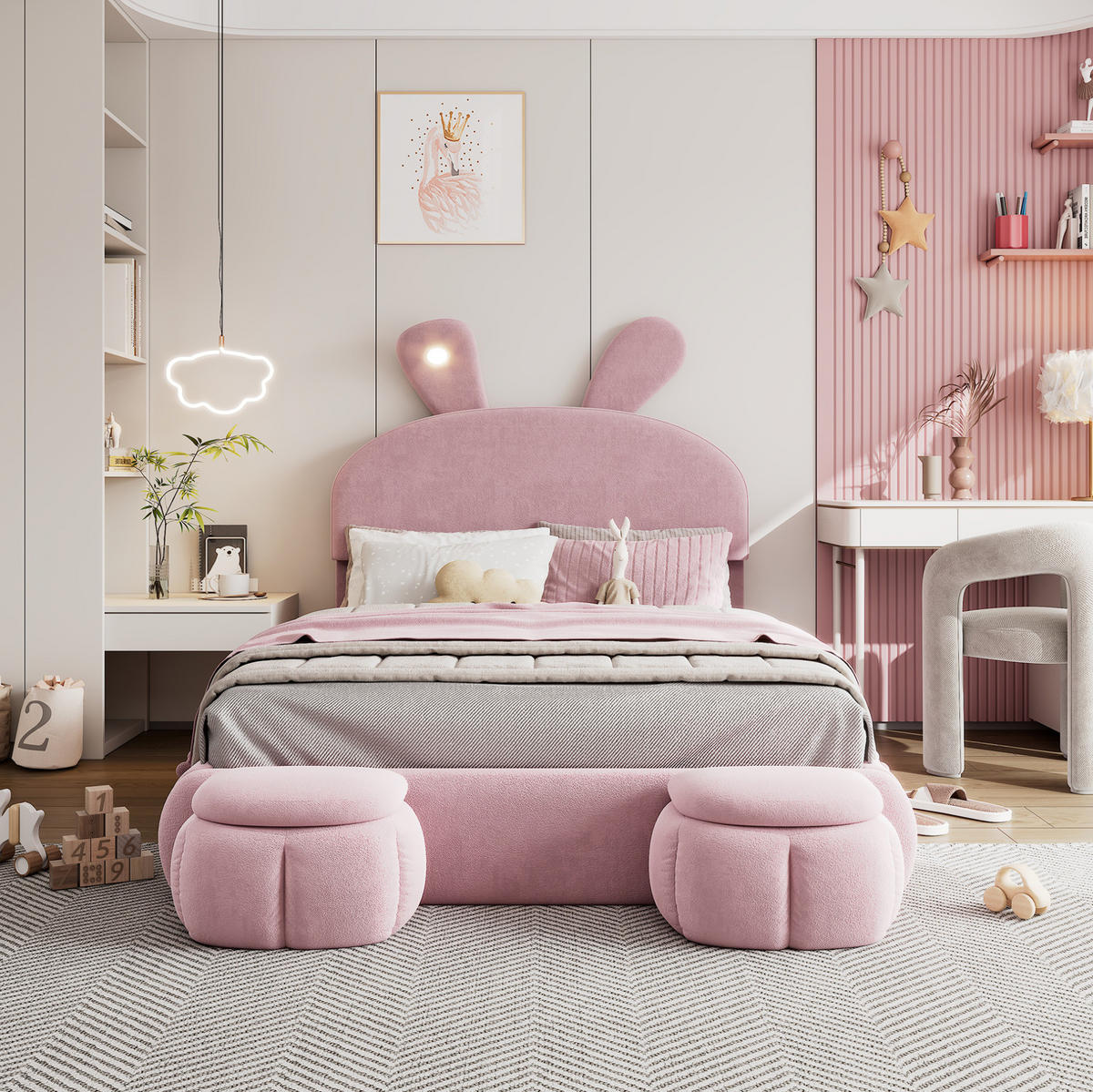 POLSTERBETT mit Stauraum 140x200 cm Samt Pink 2 Hocker - Pink, Metall (140/200cm) - Meubliv