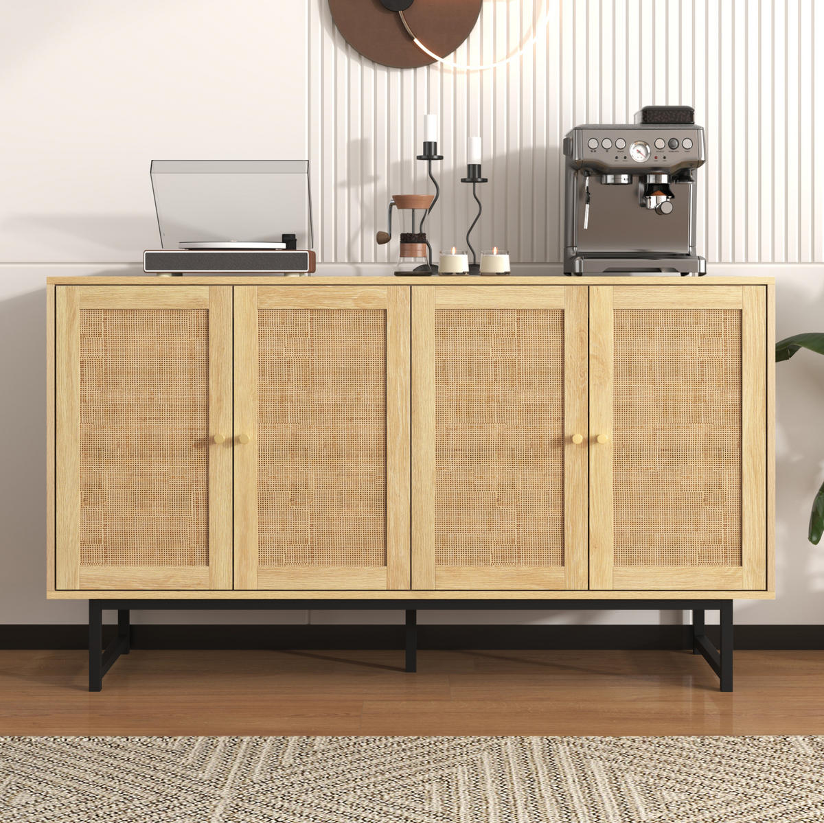 SIDEBOARD mit 4 Türen 140 x 39,5 x 80 cm Holzoptik mit Rattangeflecht - Braun, Holzwerkstoff (140/80/39.5cm) - Meubliv